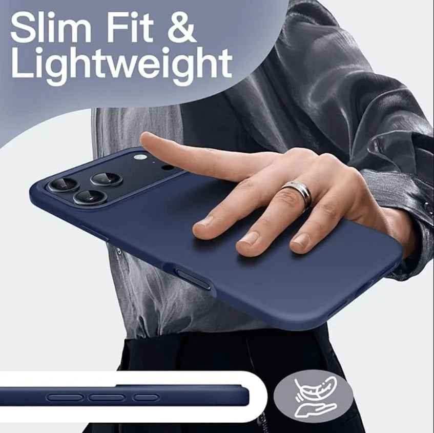 Navy blue silicone protective case for iPhone 17 Pro by TechPlus, soft and snug fit, with precise cutouts for buttons and camera.