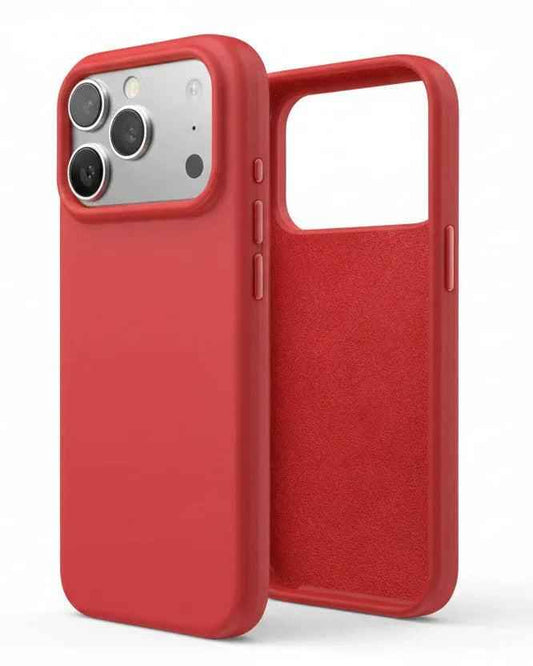Red silicone protective case for iPhone 17 Pro by techplus, showing the soft, flexible cover fitted on the smartphone.