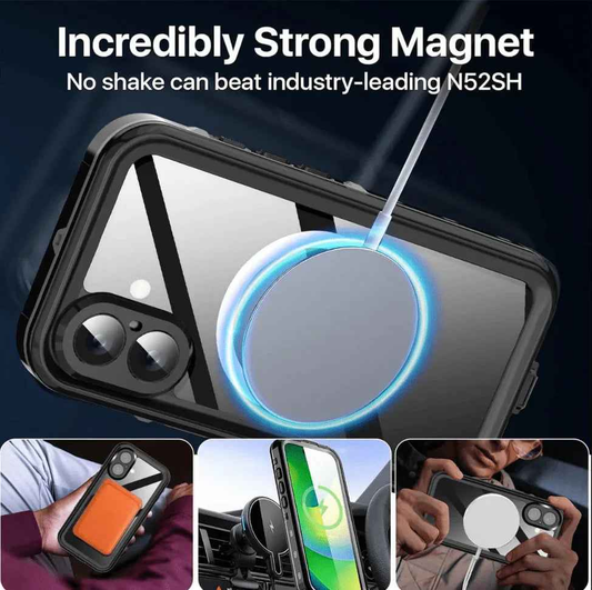 Redpepper waterproof MagSafe case for iPhone 16 by TechPlus, shown on a sleek black iPhone 16 with secure MagSafe attachment.