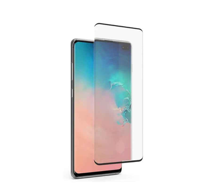 Clear tempered glass screen protector for Samsung Galaxy S10 by techplus, showing front view with screen coverage and cutouts.