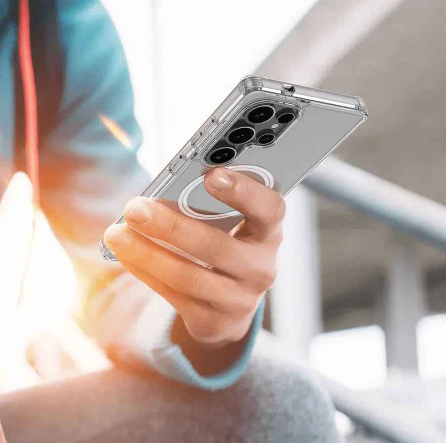 Clear Samsung Galaxy S25 Ultra MagSafe case by TechPlus showing the slim, transparent protective cover with precise cutouts.