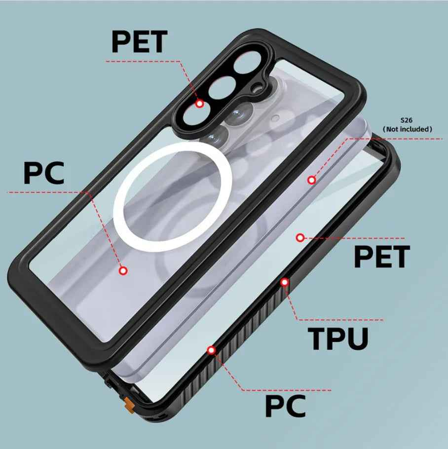 Clear waterproof and shockproof case for Samsung Galaxy S26 Plus by TechPlus, showing durable protective cover with reinforced edges.