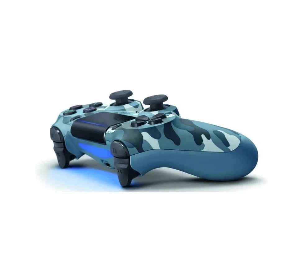 Blue camouflage PS4 controller by techplus for home gaming, showcasing ergonomic design and textured grips.