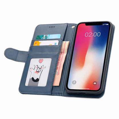 Techplus iPhone 11 flip wallet case with cowhide finish, dot pattern, 3 card slots, and back magnet closure.
