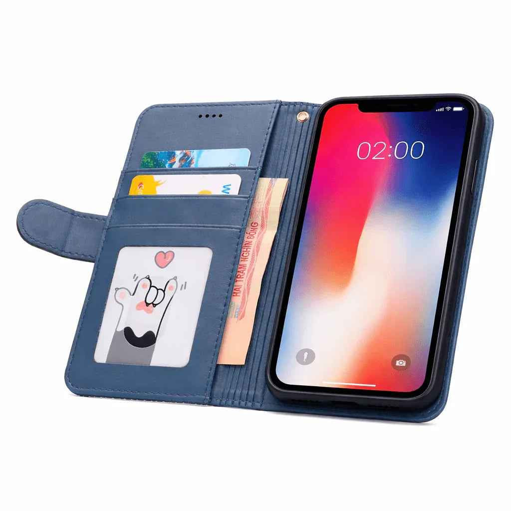 Techplus black iPhone 12 flip wallet case with cowhide dot pattern, offering stylish mobile phone protection.