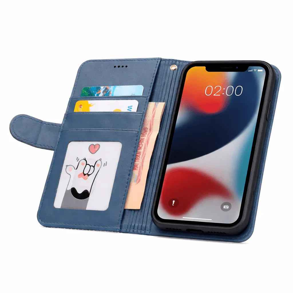 Black iPhone 12 Pro Max flip wallet case by techplus with cowhide dot pattern, designed for protection and style.