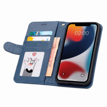 Black iPhone 12 Pro Max flip wallet case by techplus with cowhide dot pattern, designed for protection and style.