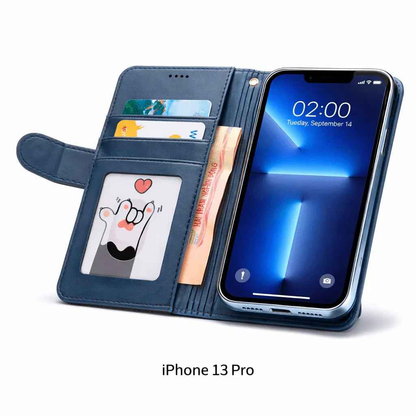 Black iPhone 13 Pro flip wallet case by techplus with cowhide dot pattern, offering protection and stylish design for mobile phones.