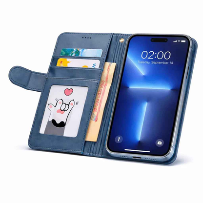 Black iPhone 14 Pro Max flip wallet case by TechPlus with cowhide dot pattern, offering stylish protection for your mobile phone.