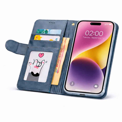 Techplus iPhone 15 Pro Max flip wallet case with cowhide dot pattern, offering stylish protection for mobile phones.