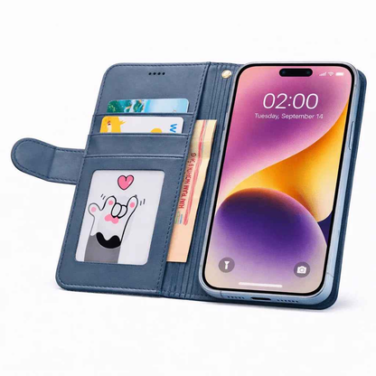 Black iPhone 17 Air flip wallet case by techplus with cowhide dot pattern, offers protection and stylish design for mobile phones.