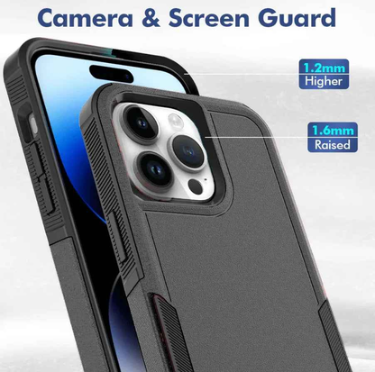 Techplus iPhone 14 Pro dual layer armor hard case showing rugged black design and precise cutouts for buttons and camera.