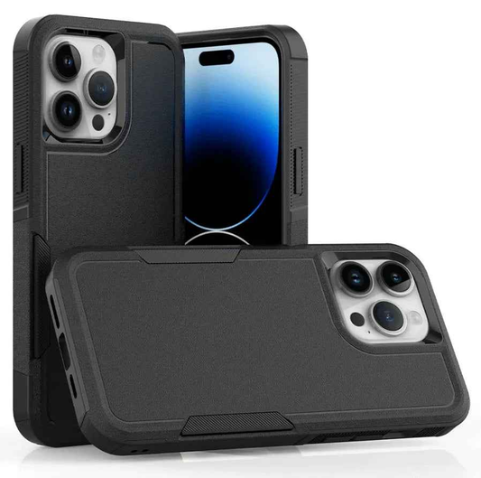 Techplus iPhone 15 Pro Max dual layer armor hard case showing rugged black exterior and precise cutouts for buttons and camera.