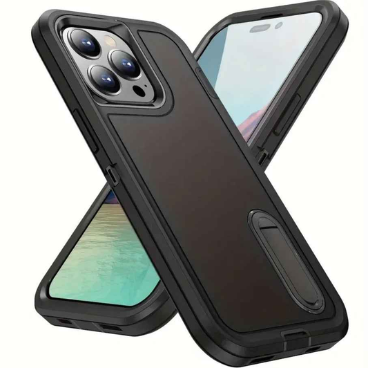 Techplus iPhone 16 Pro triple-layer armor hard case with built-in kickstand, providing durable protection and convenient hands-free viewing.