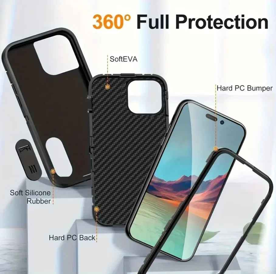 Techplus iPhone 16 Pro triple layer armor hard case with kickstand, showing reinforced edges and built-in stand for hands-free viewing.