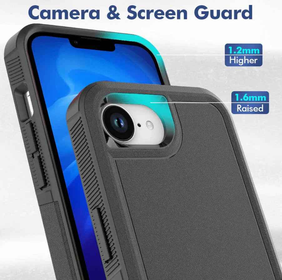 Techplus iPhone 16e dual layer armor hard case showing rugged exterior and precise cutouts for full phone protection.