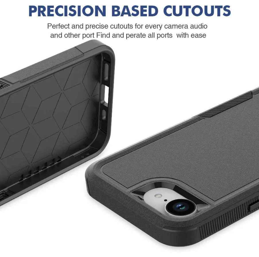 Techplus iPhone 16e dual layer armor hard case showing rugged black exterior and precise cutouts for buttons and ports.