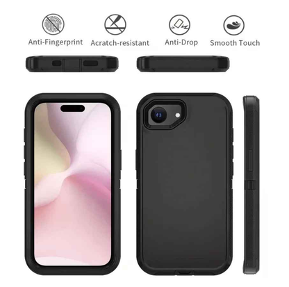 Techplus iPhone 16e triple layer armor hard case showing rugged black design with reinforced edges