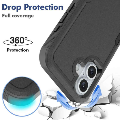 Techplus iPhone 17 dual layer armor hard case showing rugged black exterior and precise cutouts for buttons and ports.