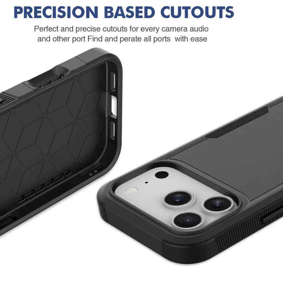 Techplus iPhone 17 Pro dual layer armor hard case showing rugged exterior and precise cutouts for buttons and camera.