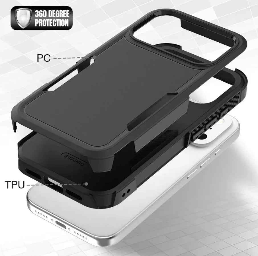 Techplus iPhone 17 Pro Max dual layer armor hard case showing rugged design and precise cutouts for buttons and camera protection.