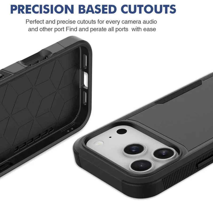 Techplus iPhone 17 Pro Max dual layer armor hard case showing rugged black exterior and precise cutouts for buttons and camera.