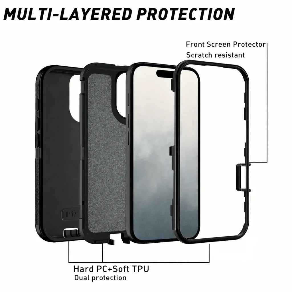 Techplus iPhone 17 triple-layer armor hard case showing rugged, protective design with textured surface for enhanced grip.