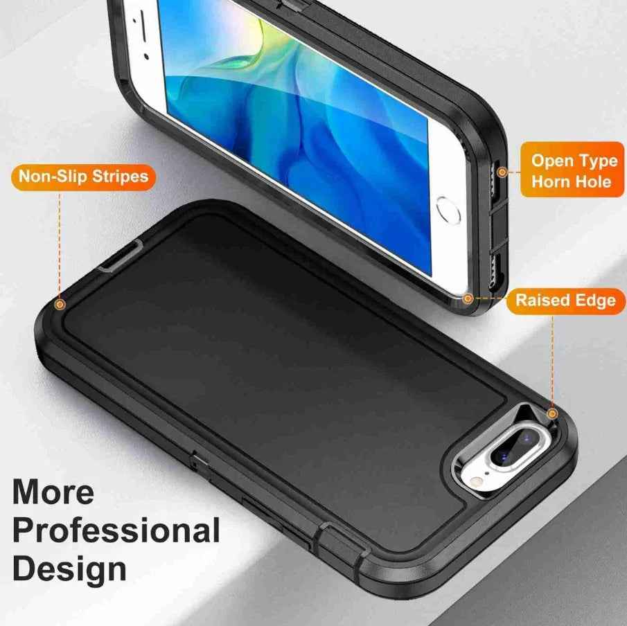 TechPlus iPhone 8 Plus triple layer armor hard case showing rugged black design with reinforced edges for maximum protection.