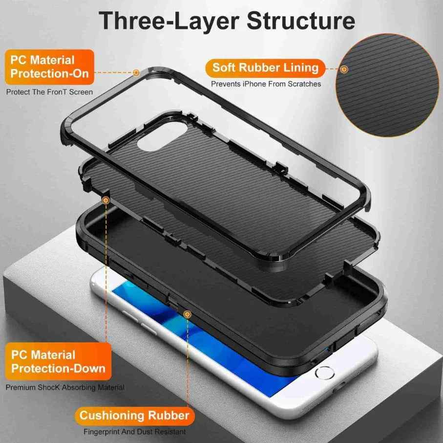 TechPlus iPhone 8 Plus triple layer armor hard phone case showing rugged black design with reinforced edges and textured surface.