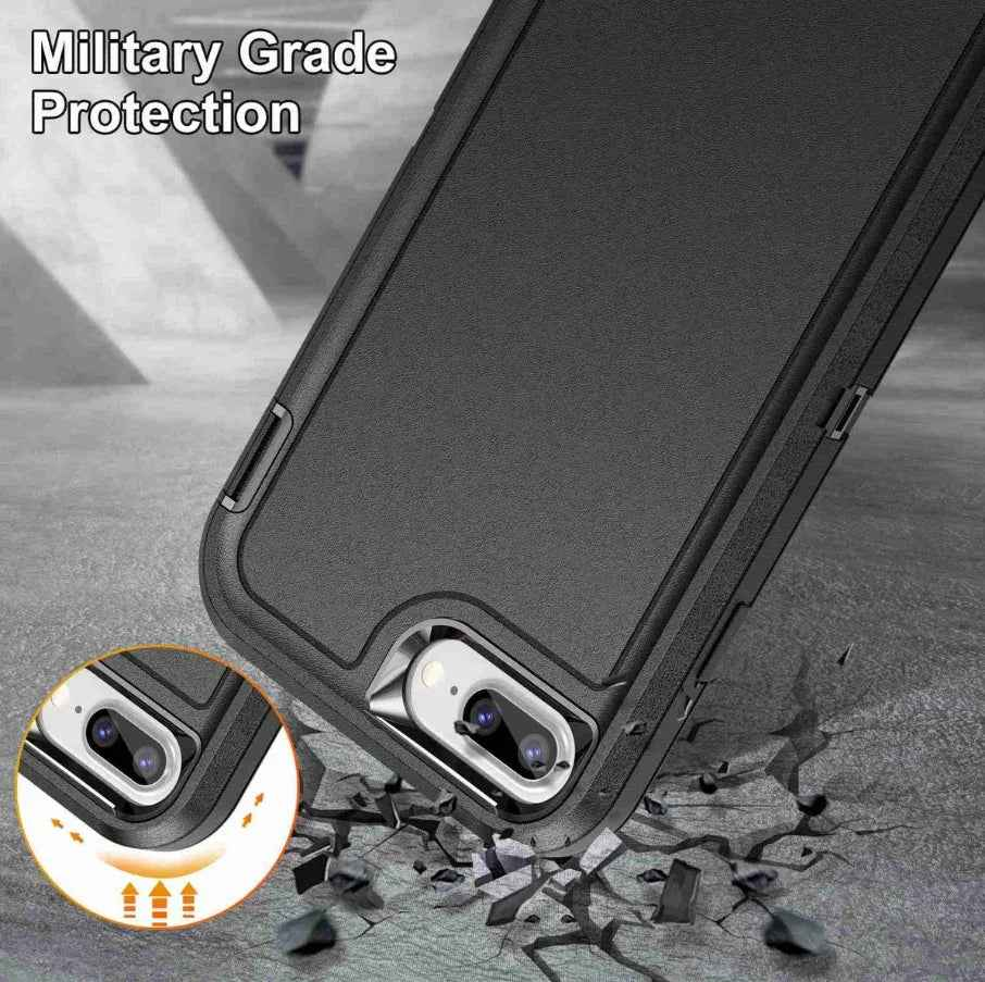 Techplus iPhone 8 Plus triple layer armor hard case showing durable black and gray protective layers for enhanced phone protection.