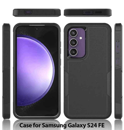 Techplus Samsung Galaxy S24 FE dual layer armor hard case showing rugged black design with textured surface for protection.