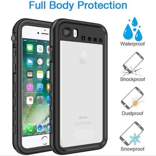 Black waterproof case for iPhone SE by techplus, designed to protect the phone from water and damage.