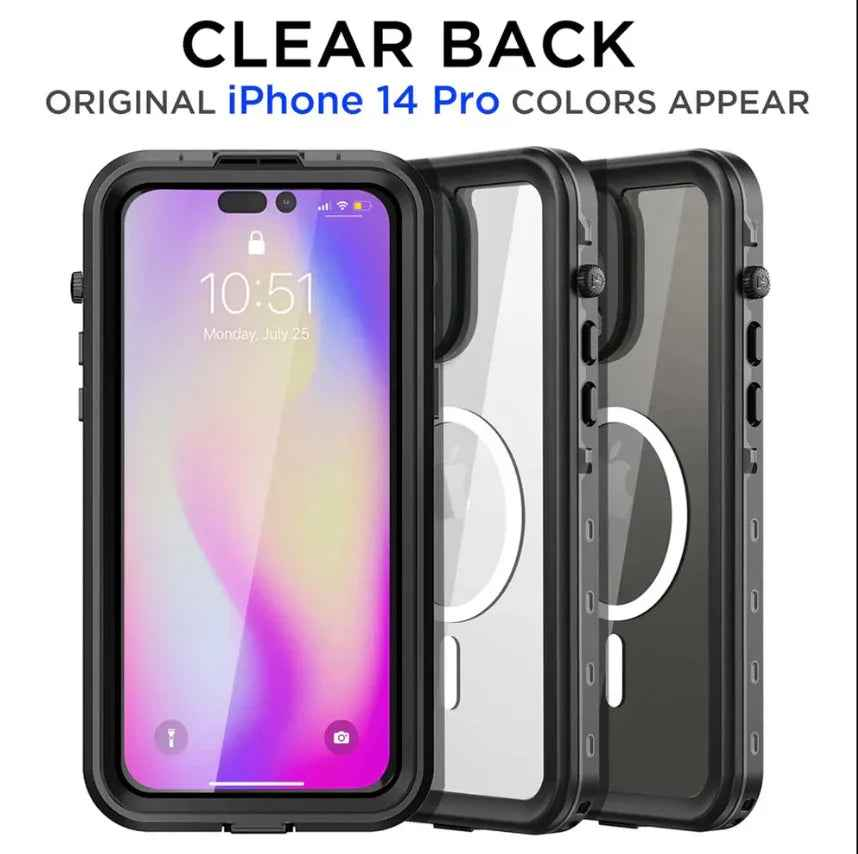 Techplus waterproof MagSafe case for iPhone 14 Pro in red, providing protective cover with secure magnetic attachment.