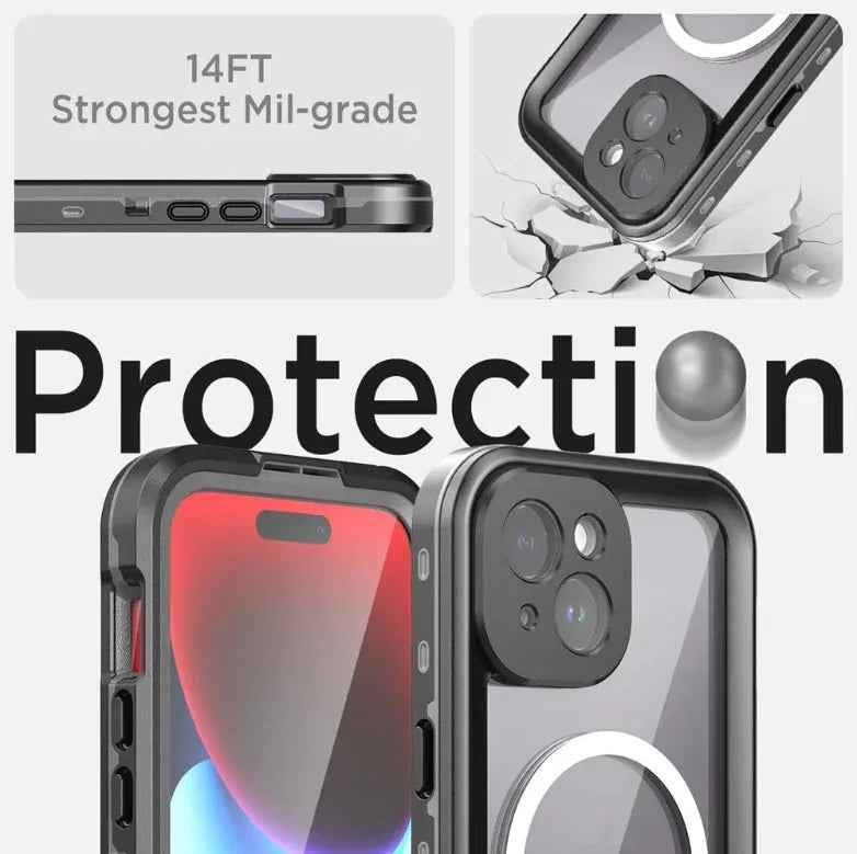 Techplus waterproof shockproof case for iPhone 14, full body protective mobile phone cover with reinforced edges and clear front.