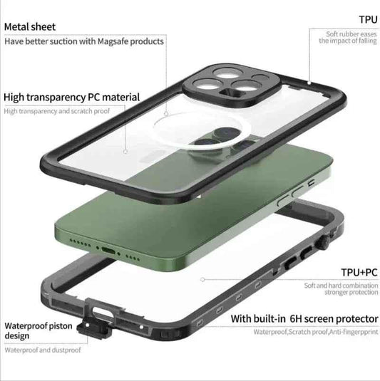 Clear waterproof and shockproof phone case for iPhone 16 Pro by techplus, showing the protective cover on the device.