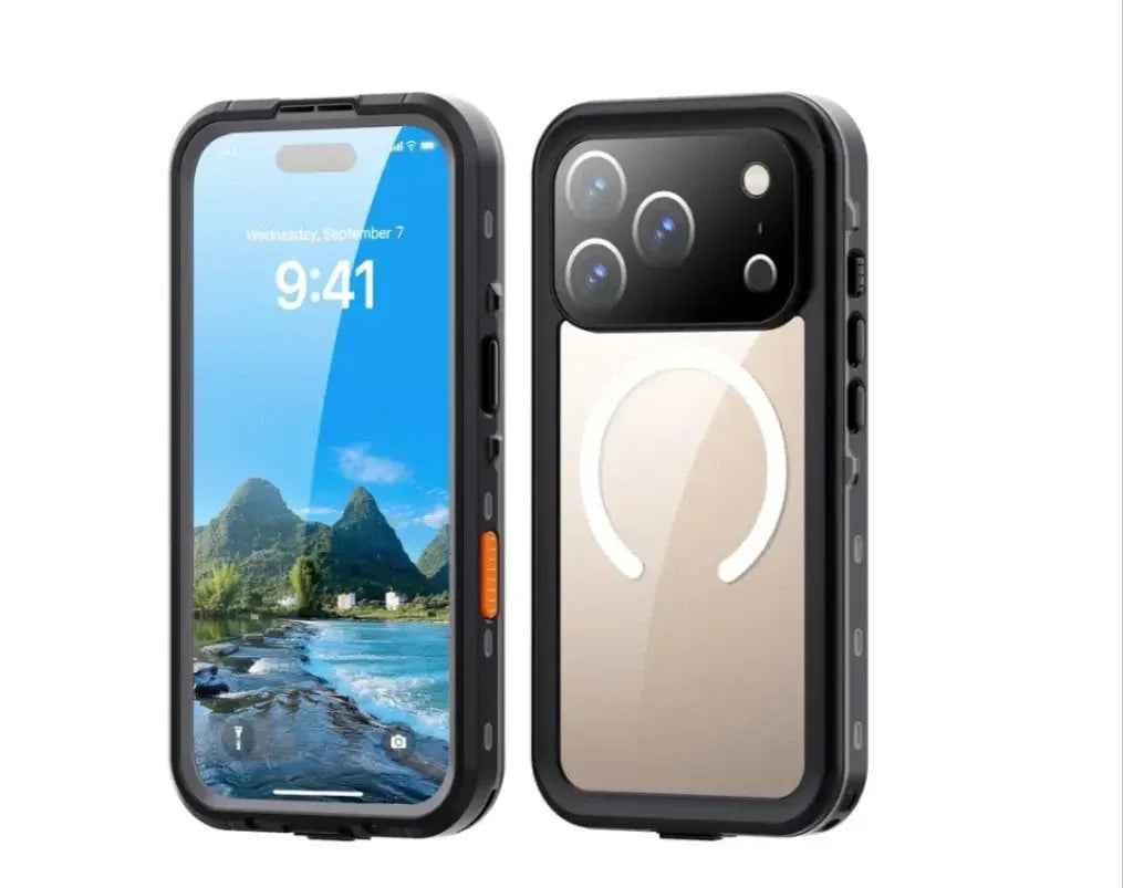 Clear waterproof and shockproof iPhone 17 Pro Max case by TechPlus, showing the protective cover with transparent design and rugged edges.