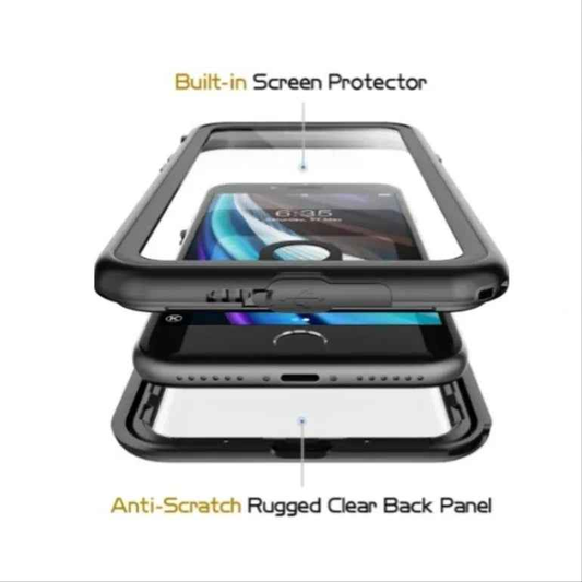 Techplus waterproof and shockproof iPhone SE case showing reinforced edges and clear front cover for durability and protection.