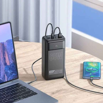 Techplus 65W PD+QC portable power bank with LED display, torch light, 50000mAh capacity, compact portable charger for devices.