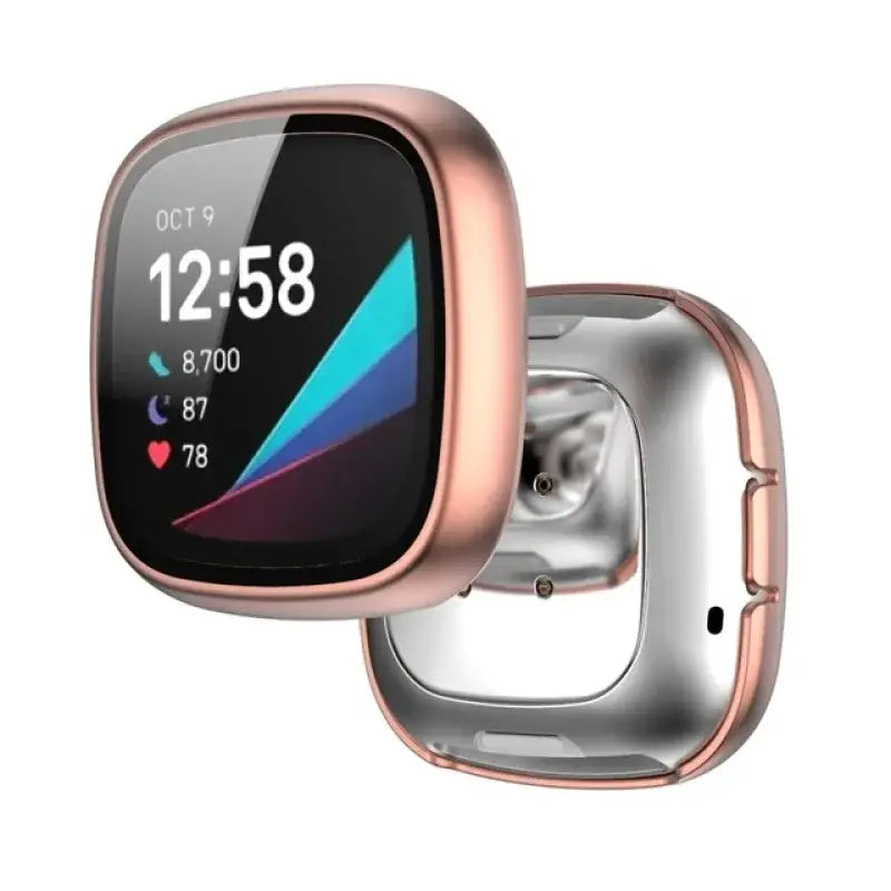 Rose gold Habicare tempered glass case for Fitbit Sense TWS, providing stylish protection for the smartwatch.