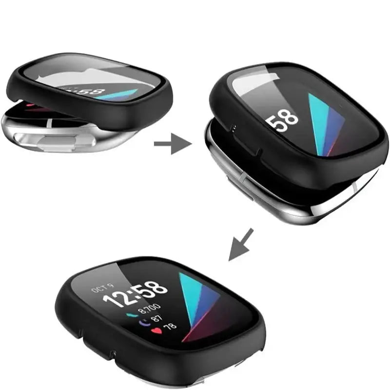 Habicare tempered glass case designed for Fitbit Sense TWS smartwatch, providing protection and a clear view of the device.
