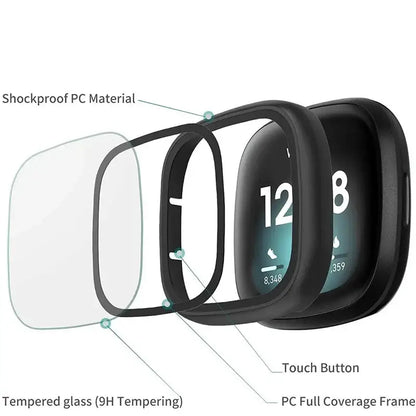 Habicare tempered glass case for Fitbit Sense TWS, showing clear protective cover with precise cutouts for sensors and buttons.