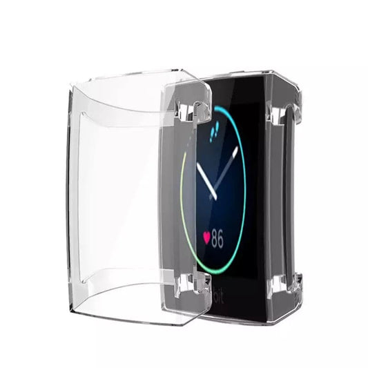 Clear protective watch case for Fitbit Charge 3 and 4, made by That Watch Shop, shown on a smartwatch in the image.