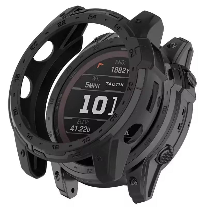 Black protective watch case for Garmin Tactix 7, designed to safeguard the smartwatch from scratches and impacts.