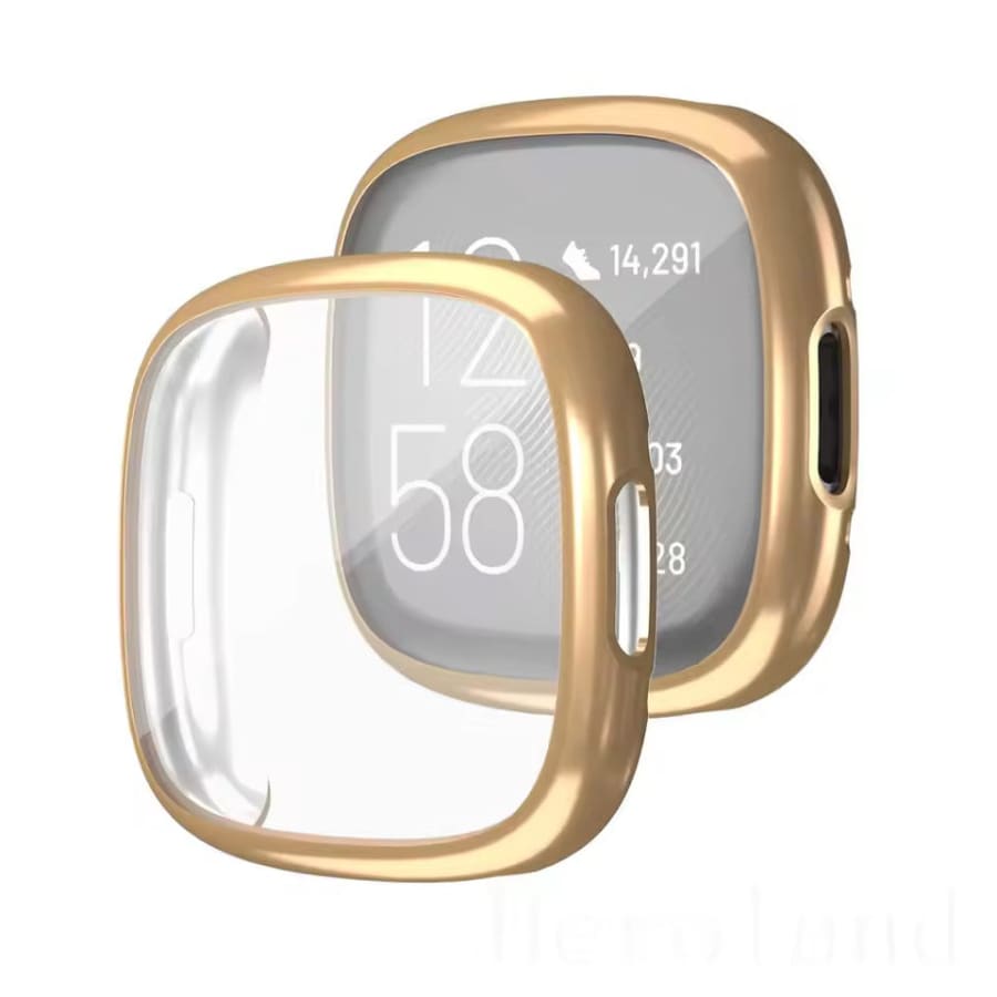 Gold protective watch case for Fitbit Versa 4, designed to shield and enhance the smartwatch.