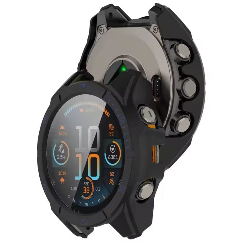 Black protective watch case for Garmin Fenix 8 51mm series, designed to shield and protect the smartwatch from scratches and impacts.
