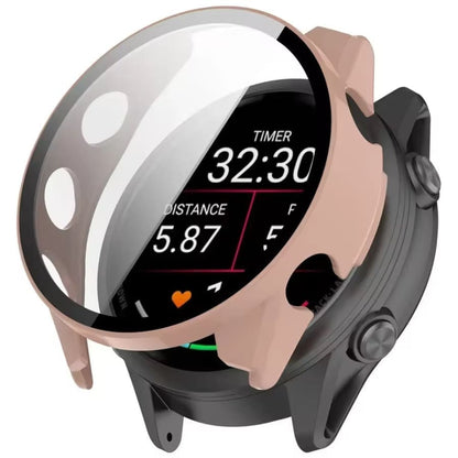 Pink protective watch case for Garmin Forerunner 970, made by That Watch Shop, showcases the snug fit and durable design.