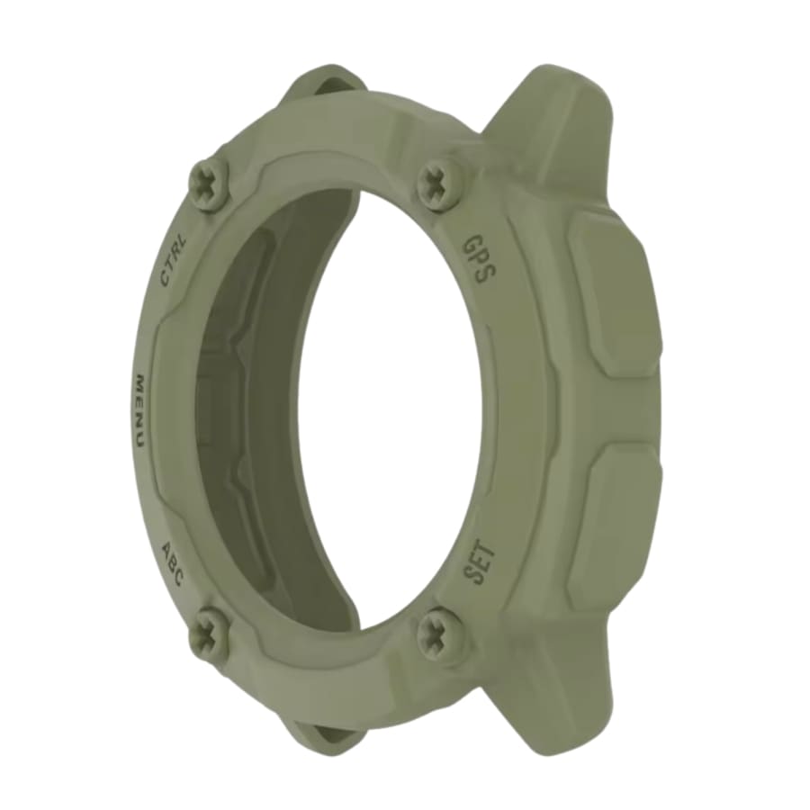 Green protective watch case for Garmin Instinct 2X Solar series, designed to shield the smartwatch from scratches and impacts.