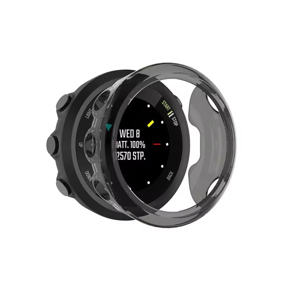Black protective watch case for Garmin Swim 2 by That Watch Shop, designed to safeguard the waterproof fitness watch.