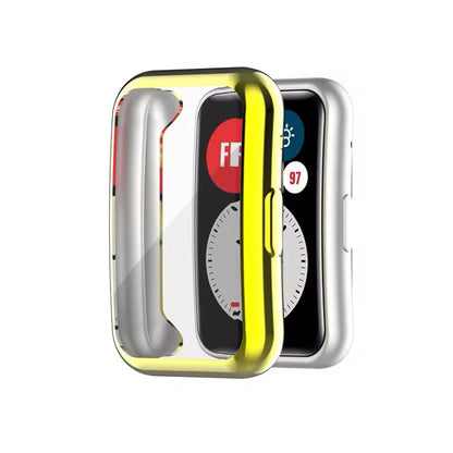 Gold protective case for Huawei Watch Fit 2 featuring a sleek design, designed to safeguard the smartwatch.