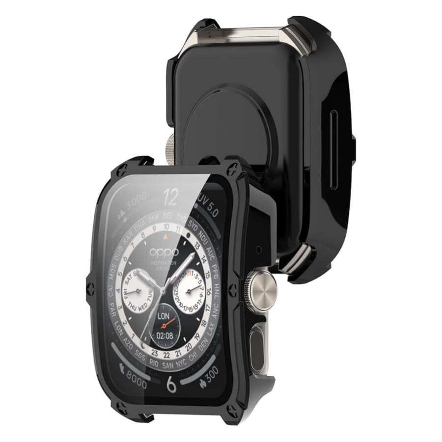 Black protective watch case for Oppo Watch 4 Pro, designed by That Watch Shop, shown fitted on the smartwatch.